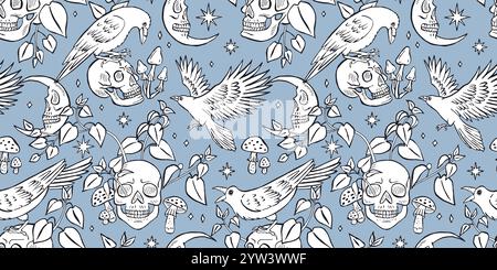 Nahtloses Schwarz-weiß-Muster mit handgezeichneten Tintenrabben oder Krähen, die auf menschlichen Schädeln sitzen Stock Vektor