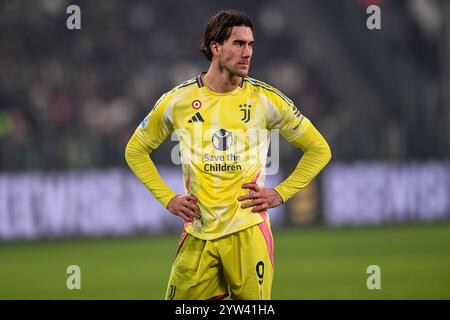 Juventus' Dusan Vlahovic Enttäuschung während des Spiels der Serie A zwischen Juventus FC und Bologna FC im Allianz Stadium am 07. Dezember 2024 in Turin, Stockfoto