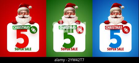 5 % Rabatt. Rabatt auf kreative Komposition mit dem Weihnachtsmann. Frohe Weihnachten und frohes neues Jahr. Bannerset im Sale. Vektorabbildung. Stock Vektor