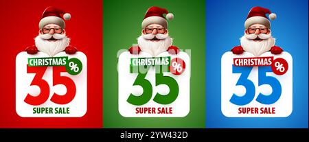 35 Prozent Rabatt. Rabatt auf kreative Komposition mit dem Weihnachtsmann. Frohe Weihnachten und frohes neues Jahr. Bannerset im Sale. Vektorabbildung. Stock Vektor