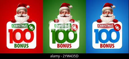 100 Prozent Bonus. Rabatt auf kreative Komposition mit dem Weihnachtsmann. Frohe Weihnachten und frohes neues Jahr. Bannerset im Sale. Vektorabbildung. Stock Vektor