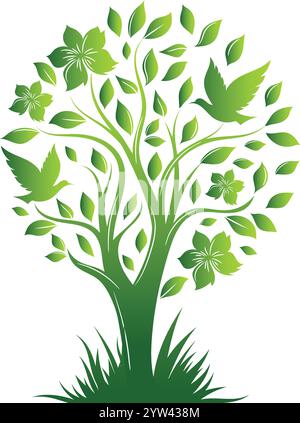 Baum des Lebens Logo, Umwelt Natur Symbol mit symmetrischen Bäumen mit Blättern und Wurzeln Vektor Illustration Stock Vektor