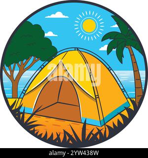 Campingzelt am Strand Vektorabzeichen mit bunter Zeichentrickillustration Stock Vektor