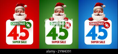 45 Prozent Rabatt. Rabatt auf kreative Komposition mit dem Weihnachtsmann. Frohe Weihnachten und frohes neues Jahr. Bannerset im Sale. Vektorabbildung. Stock Vektor