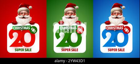 20 % Rabatt. Rabatt auf kreative Komposition mit dem Weihnachtsmann. Frohe Weihnachten und frohes neues Jahr. Bannerset im Sale. Vektorabbildung. Stock Vektor