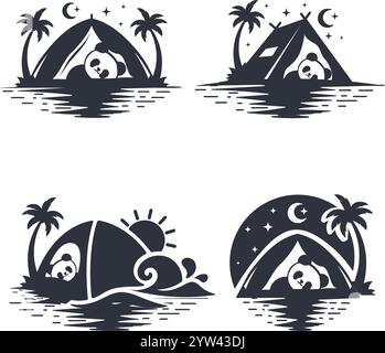 Beach Camp Logo oder Schild, Silhouette des Campingzelt am Strand mit schlafender Panda Vektor Illustration Stock Vektor