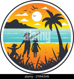 Familienurlaub Strand am Strand Logo oder Abzeichen mit Zeichentrickvektor Illustration Stock Vektor