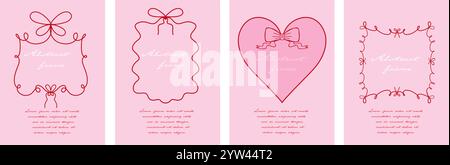 Schrulliger trendiger Rahmen, handgezeichnetes Poster mit roten Borten mit Bögen für Hochzeitseinladungen, skurrilen Rahmen für Geburtstagskarte, schnörkeligen und welligen Borten Stock Vektor
