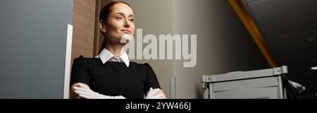 Eine junge Frau mit Poise steht selbstbewusst in einer modernen Umgebung mit sanfter Beleuchtung. Stockfoto