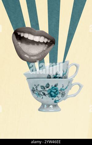 Trendkunstwerk kreative Skizze 3D-Fotocollage anonymer Zähne Lippen sagen Talk kreatives Fragment Relax Drink Tasse Heißgetränk genießen Stockfoto