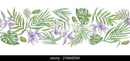Fliegende tropische Blattzweige Aquarellbanner. Lila gestreifte Muster aus tradesantia, grüner Palme und Monstera-Blättern. Sommer Stockfoto