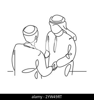 Handschlag, Zustimmung. Linienzeichnung. Durchgehende Linie, die glückliche Männer zieht, die sich gegenseitig die Hand schütteln, wenn Eid Mubarak. EID al-Fitr-Konzept. Einfach Stock Vektor