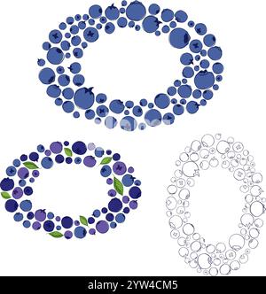 Blaubeere mit Blättern ovaler Rahmen mit Reifen Blaubeeren in Blau- und Violetttönen auf weißem transparentem Hintergrund. Grafische Linienvektorillustratio Stock Vektor