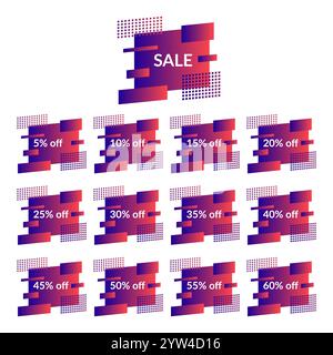 Set aus violetten Verkaufsbannern auf der modernen Verlaufsform. Geometrische trendige Banner mit Rabatten von fünf bis sechzig Prozent. Moderne Verlaufsform mit Stock Vektor