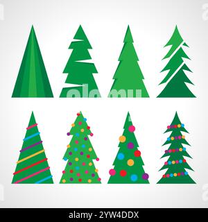 Set aus acht Weihnachtsbäumen mit Weihnachtskugeln und -Dekoration. Vektorabbildung. Stock Vektor
