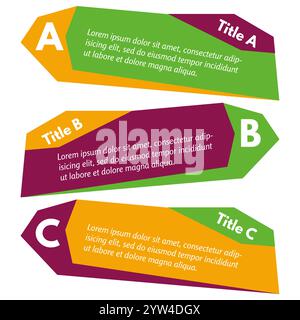 Set aus drei horizontalen bunten Optionen Banner. Schritt-für-Schritt-Infografik-Designvorlage. Vektorabbildung Stock Vektor