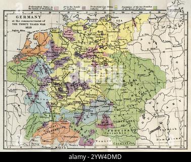Karte von Deutschland zu Beginn des Dreißigjährigen Krieges, 1618. Aus dem Dreißigjährigen Krieg, 1618–1648, veröffentlicht 1919. Stockfoto