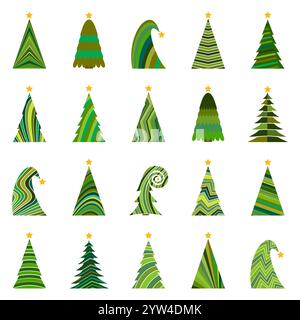 Set mit 20 verschiedenen Weihnachtsbäumen. Isolierte Vektor-Illustration für frohe Weihnachten und frohes neues Jahr. Stock Vektor