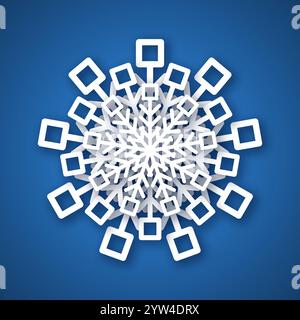 Schneeflocke mit Papierschnitt. Weiße Schneeflocke auf blauem Hintergrund. Dekorationselemente für Weihnachten und Neujahr. Vektorabbildung Stock Vektor