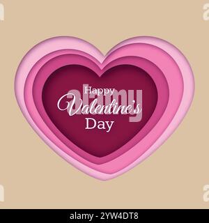 Papier geschnittenes Herz und Inschrift Happy Valentines Day. Abstrakter Hintergrund mit Symbol der Liebe. Vektorabbildung Stock Vektor
