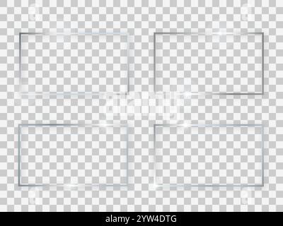 Set mit vier silberglänzenden rechteckigen 16x9-Rahmen mit leuchtenden Effekten und Schatten auf transparentem Hintergrund. Vektorabbildung Stock Vektor