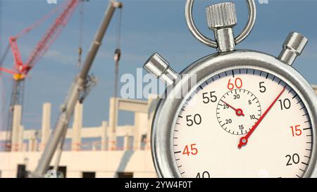 Stoppuhr vor Baustelle Symbolbild zum Thema Bauzeit, Termindruck, Bauverzögerung usw. *** Stoppuhr vor Baustelle symbolisches Bild zum Thema Bauzeit, Termindruck, Bauverzögerungen usw. Stockfoto
