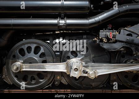 Nahaufnahme der Räder des Vintage Steam Engine – Running Drive Stockfoto