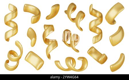 Vektor-3D-Konfetti-Hintergrund. Goldene festliche Ikonen, niedliche Designelemente isoliert. Geburtstag oder Karneval Illustration, Party Dekoration Set. Stock Vektor
