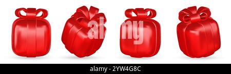 Set aus Geschenkboxen mit realistischem 3D-Rendering. Rote Geschenkbox mit roter Schleife und Schleife. Geschenkbox in verschiedenen Winkeln. Vektorabbildung. Stock Vektor