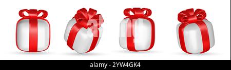 Set aus Geschenkboxen mit realistischem 3D-Rendering. Rote Geschenkbox mit weißer Schleife und Schleife. Geschenkbox in verschiedenen Winkeln. Vektorabbildung. Stock Vektor