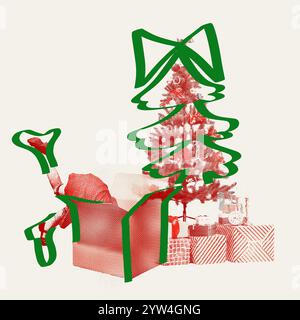 Kreative Illustration. Kleines Geschenk, das unter einem geschmückten Weihnachtsbaum in eine Geschenkbox taucht, mit dekorativen grünen, handgezeichneten Umrissen. Stockfoto