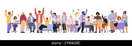 Vielseitiges Team feiert gemeinsam Erfolge im Büro mit Laptops und Geräten. Farbenfroher Hintergrund Stock Vektor