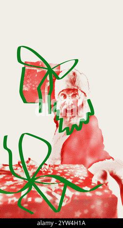 Glücklicher emotionaler älterer Mann, Weihnachtsmann mit Fiat-Geschenkboxen. Kreative Illustration mit handgezeichneten Kritzeleien. Stockfoto