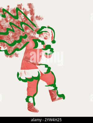 Ho-ho-ho. Fröhlicher älterer Mann, Weihnachtsmann mit einem riesigen Weihnachtsbaum. Kreative Illustration mit handgezeichneten Kritzeleien. Stockfoto