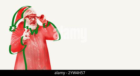 Älterer Mann in Brille, Weihnachtsmann mit ernstem Gesicht. Kreative Illustration mit handgezeichneten Kritzeleien. Stockfoto