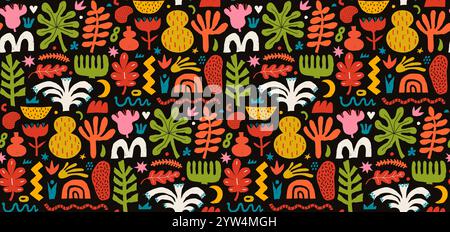 Abstraktes, nahtloses Muster mit Farbstiftformen, Figuren und Freiform-Klumpen. Moderner trendiger Vektor nahtloser Hintergrund mit verschiedenen Pflanzen und Stock Vektor