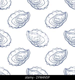 Nahtloses Muster, Austern, lineares Muster, blau auf weißem Hintergrund. Verpackung, Verpackung, Hintergrund. Stock Vektor