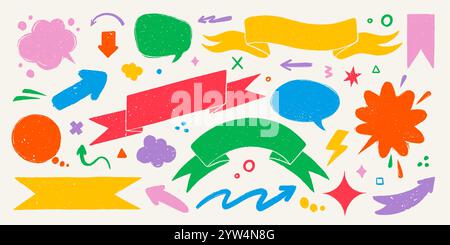 Textfelder und Formen in rauem rustikalem Stil. Handgezeichnete, strukturierte Vintage-Abzeichen, Banner, Pfeile und andere Designelemente. Handgezeichnete Infografik Stock Vektor