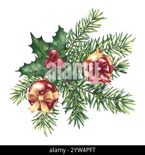 Weihnachtskugeln mit Bögen an Tannenzweigen und stechpalme. Handgemachte Aquarellillustration. Für Banner, Ticket, Flyer, Postkarte, Einladung, Poster. Für Stockfoto