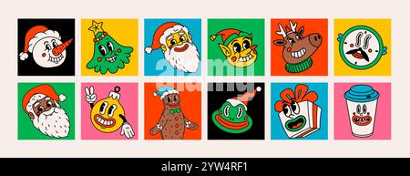 Weihnachtskarten oder Aufkleber im Retro-Stil mit groovigen Weihnachtsfiguren und -Gegenständen. Ideal für Weihnachten und Silvester Sticker und Stock Vektor