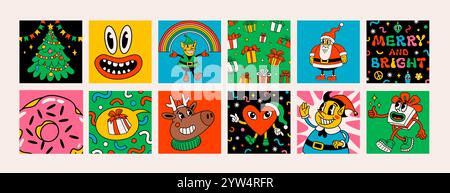 Weihnachtskarten oder Aufkleber im Retro-Stil mit groovigen Weihnachtsfiguren und -Gegenständen. Ideal für Weihnachten und Silvester Sticker und Stock Vektor