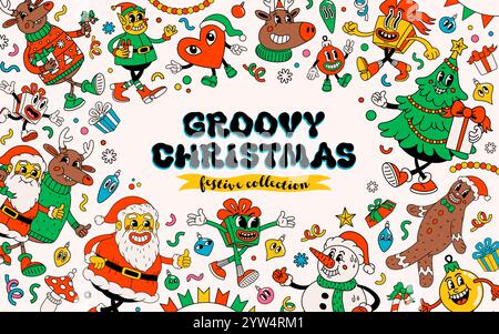 Groovige Weihnachts-Cartoon-Charaktere. Grooviger Vintage 70er Jahre lustiger Weihnachtsmann, Hirsch, Geschenk und Weihnachtsbaum und andere Elemente. Ideal für Weihnachten und Stock Vektor