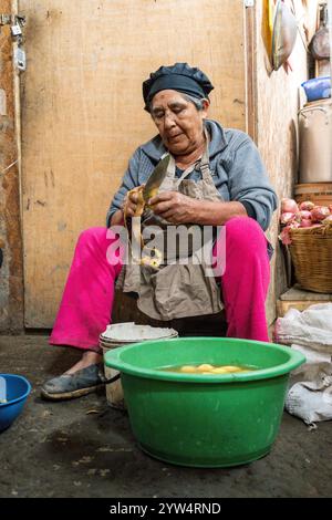 Lurin, Lima, Peru – 6. September 2024: Ältere Frau mit schwarzem Küchenhut schneidet und schält Kartoffeln zusammen in einem Eimer in der Gemeinschaftsküche Stockfoto