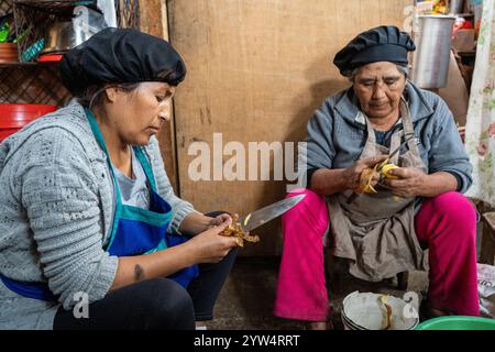 Lurin, Peru — 29. Juli 2023: Zwei Frauen waschen, schneiden und schälen Kartoffeln gemeinsam in Eimern in der bescheidenen Gemeinschaftsküche Stockfoto