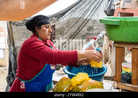 Lurin, Lima, Peru – 6. September 2024: Eine peruanische Frau in Rot gekleidet mit einem schwarzen Küchenhut wäscht Kürbisstücke in einem Eimer im kommunalen Ki Stockfoto