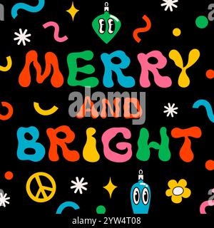 Groovige Weihnachts-Zeichentrickkarte. Lustiges Vintage-Poster mit Konfetti und fröhlichem und hellem Text. Ideal für Weihnachten und Silvester Sticker und Stock Vektor