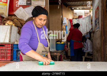 Lurin, Peru — 6. September 2024: Junge Frau in einem lila Hemd und Küchenschürze reinigt einen weißen Tisch in der bescheidenen Gemeinschaftsküche Stockfoto