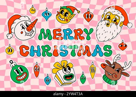 Groovige Weihnachts-Cartoon-Aufkleber. Lustiger Weihnachtsmann, weihnachtsbaum, Elf, Ball und Geschenkbox mit glücklichen Gesichtern. Ideal für Weihnachten und Neuheiten Stock Vektor