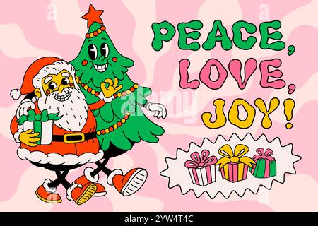Grooviges Weihnachts-Cartoon-Poster. Lustiger Weihnachtsmann und Weihnachtsbaum im Vintage-Stil mit fröhlichen Gesichtern und Text zur Freude an Frieden und Liebe. Ideal für Weihnachten und Neuheiten Stock Vektor