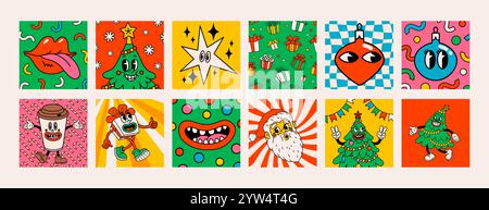 Weihnachtskarten oder Aufkleber im Retro-Stil mit groovigen Weihnachtsfiguren und -Gegenständen. Ideal für Weihnachten und Silvester Sticker und Stock Vektor